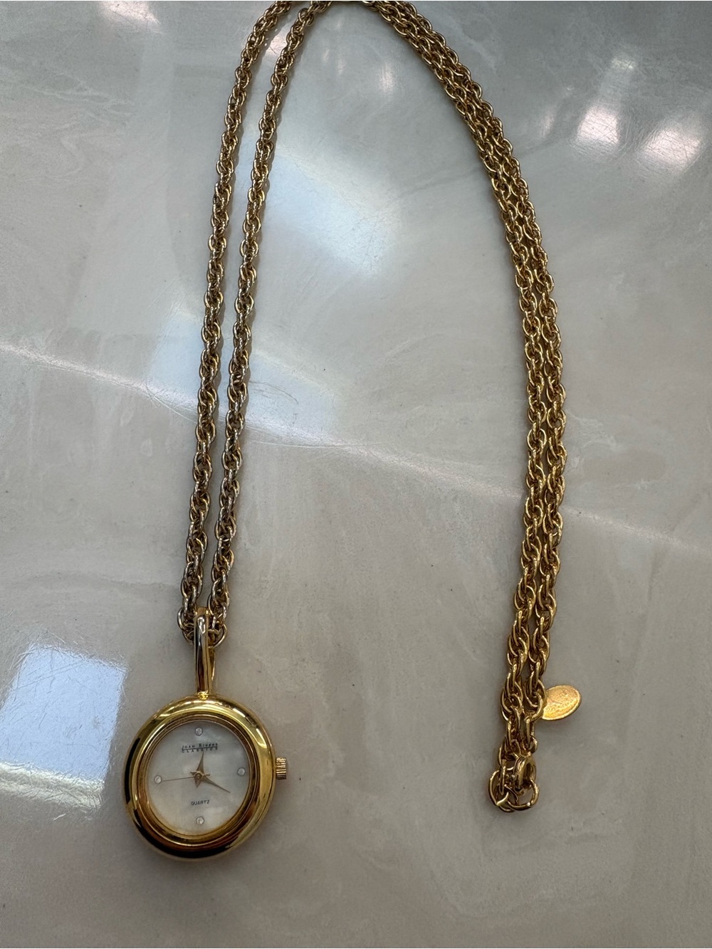 Joan Rivers Gold Tone Pendant Necklace Watch with Mother-of-Pearl Dial